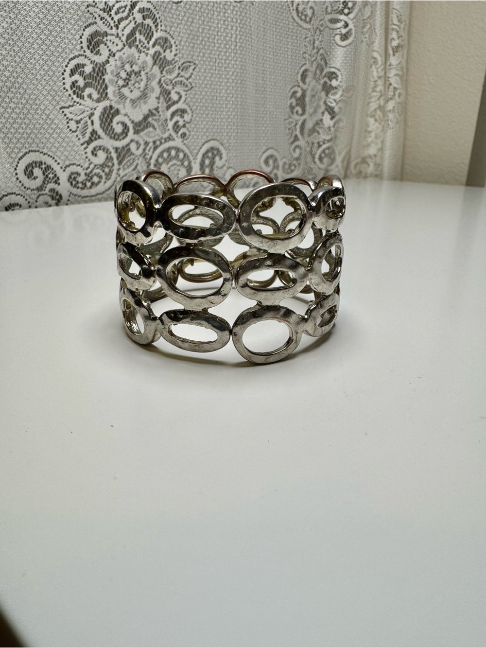 Chunky Silver Wide Stretch Cuff Bracelet. Geometric Open Oval Link Statement.